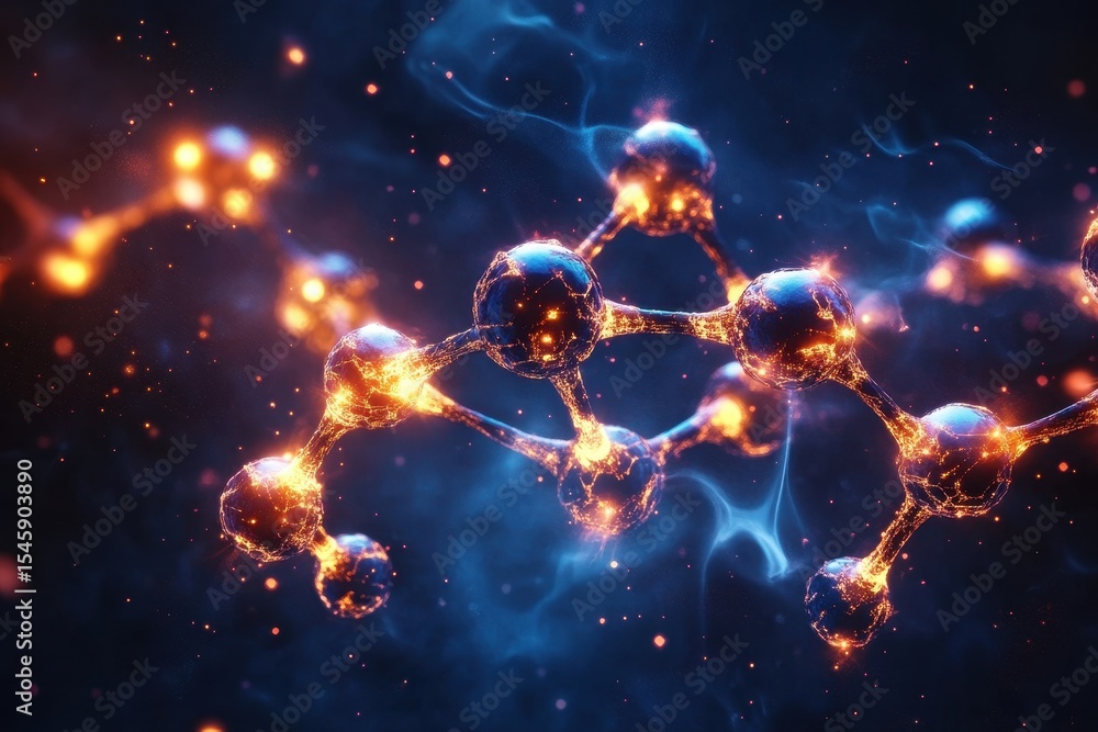 Poster abstract molecular structure illuminated with glowing connections in a dark background, abstract mol