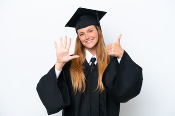 Young university graduate caucasian woman isolated on white background counting six with fingers