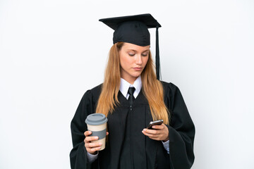 Young university graduate caucasian woman isolated on white background holding coffee to take away...