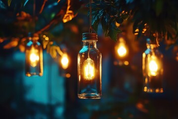 Festive atmosphere with glowing bottle shaped lamps during Christmas celebration, Christmas decoration with small bottle shaped lamps hanging at night