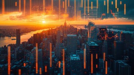 New York City skyline at sunrise, overlaid with financial charts