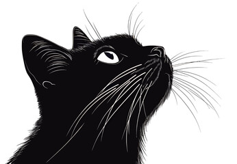 Illustration of a black cat looking upwards with a curious expression.