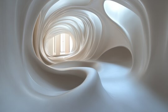 Flowing curvy lines create an abstract passage in a modern architectural interior, flowing curvy lines