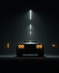Rear View of Black Supercar at Night with Dramatic Lighting