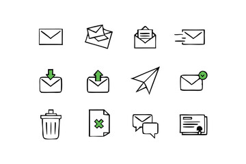 Email and web icons set: vector symbols for internet, mail, and business design. Set of email icons with envelope symbols for communication and messaging design