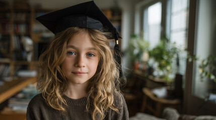 A young child with curly hair wears a graduation cap while smiling gently. The backdrop showcases a warm and inviting indoor space with various plants and books.
