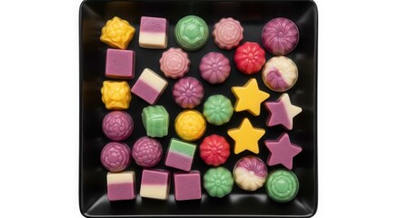 eat your jello: Colorful shaped jelly candies on a black plate, top view.