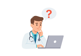 Doctor with Question Mark Thought Bubble Consulting on Laptop
