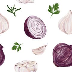 Seamless pattern with onions and garlic. Red onion whole and sliced. Garlic in cloves and slices. Parsley and rosemary. Spices for cooking. Watercolor illustration. Hand drawing. Decor for fabric