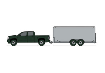 Dark Green Pickup Truck with Enclosed Cargo Trailer © Art By Salea