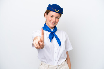 Airplane stewardess woman isolated on white background showing and lifting a finger