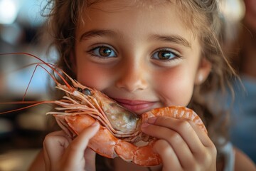 Naklejka premium Portrait of a girl joyfully holding a big shrimp in a lively indoor setting, Kid girl portrait funny holding a big shrimp from a fish soup in taverna restaurant in Malta