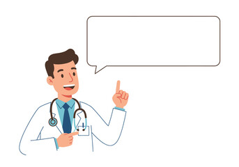 Doctor with empty speech bubble pointing upwards
