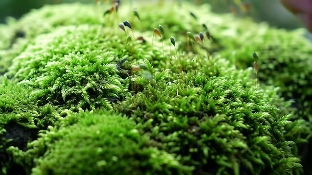 Bright green moss with spore stalks rises from the dense, cushiony bed