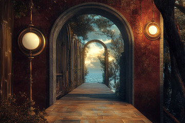 Fototapeta premium Mysterious arched passageway leading to a tranquil seaside sunset serene atmosphere antique lanterns illuminate the path