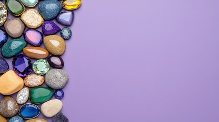 Colorful Gemstone and Crystal Collection on Purple Background