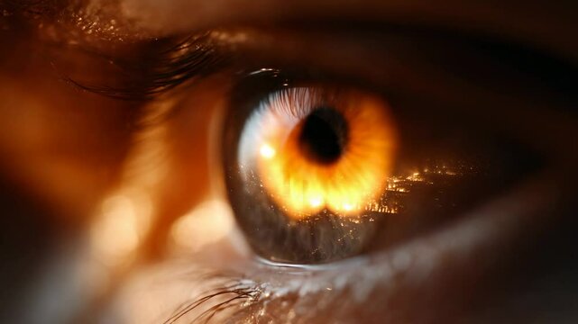 Close-up of a human eye reflecting fiery lights from a distant cityscape at night, showcasing intense emotions and thoughts
