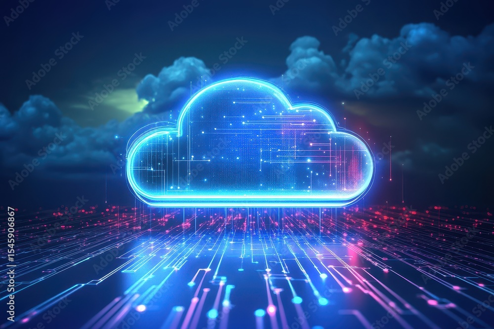 Poster modern cloud technology concept showcasing secure data management and storage solutions at night, th