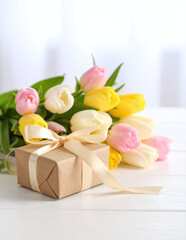Bright and colorful bouquet of tulips next to kraft paper gift box tied with ribbon on white background for romantic occasion