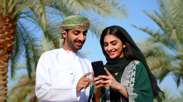 Smiling Arab Couple in Traditional Dress Viewing Mobile Phone Under Date Palm Trees