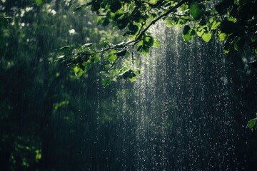 Heavy rainfall cascades through a dark forest, creating a serene atmosphere under lush green leaves, Heavy Rainfall In Dark Forest Detail