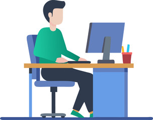 Man Working at a Desk with a Computer Illustration Representing Productivity, Remote Work, and Modern Office Setup