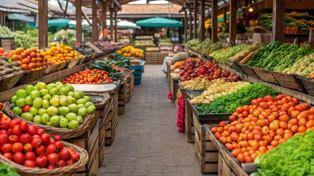 High fibre diet concept ,Fresh colorful vegetable and fruit market baskets with tomatoes outdoor market vibrant lively atmosphere