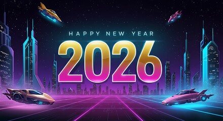 2026 New Year Celebration with Futuristic Cityscape and Vehicles