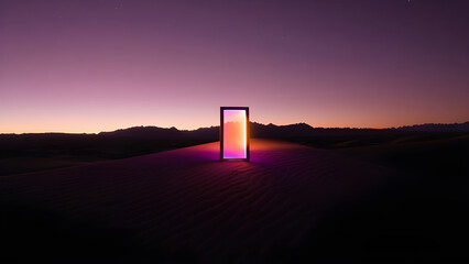 Glowing portal in desert landscape at sunset