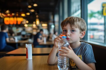 Child boy enjoys hydration with a water bottle inside a vibrant dining area, Healthy dieting child boy drinking plastic bottle of water in fast food restaurant