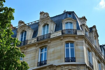 Fototapeta premium Captivating details of Parisian architecture featuring elegant roofs and intricate facades, Paris architecture buildings and roofs
