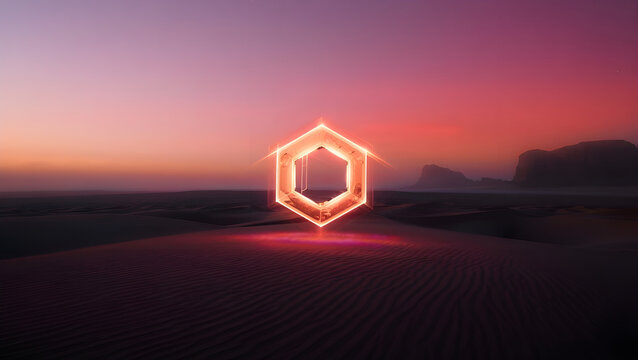 Glowing hexagon shape in a desert at sunset