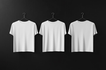 Three white t-shirts hanging on black background simple clean design