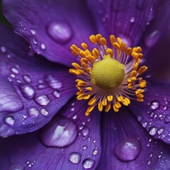 Blooming flower in violet tones shines with golden dew showing nature’s soft resilience in a scene of peaceful radiance