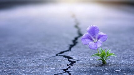 Purple flower rises through pavement cracks a fragile yet powerful symbol of beauty growing in harsh urban conditions