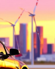Electric Car at Sunset with Wind Turbines and City Skyline