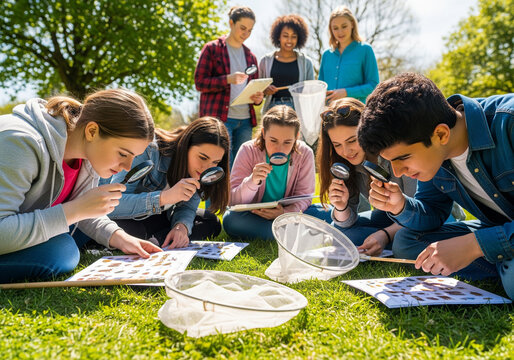 Outdoor Science Class: Young Students Exploring Nature