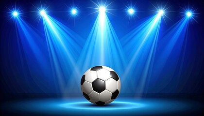 Naklejka premium Soccer ball on stage with illuminated by spotlights.