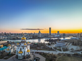 Early spring or autumn Yekaterinburg and Temple on Blood in clear sunset. Aerial view of...