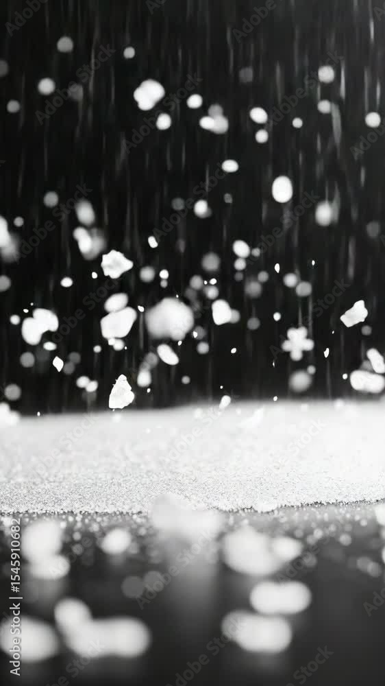 Poster white glittery flakes falling and spreading out, creating a magical sparkly effect on dark backgroun