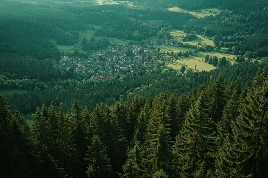 Aerial view of lush green pine trees surrounding a quiet village in Rothenfluh during the daytime, Aerial view of Rothenfluh full of green pine trees and the town at the foot of it