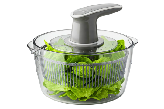 Efficient salad spinner with a sturdy handle for easy use isolated on a transparent background