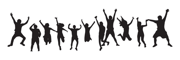 Silhouette of Happy People Jumping in Celebration