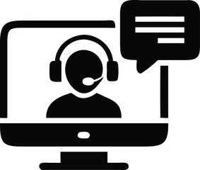 Customer service support person with headset and dialogue bubble on computer screen icon