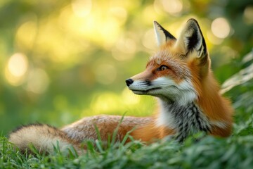 Obraz premium Red fox resting on lush green grass in a serene forest setting during golden hour, Red fox (Vulpes vulpes) on the green grass