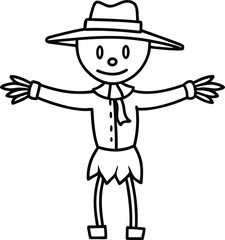 Cute Scarecrow Line Art Vector – Farm Harvest Character Outline Illustration