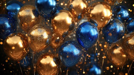 Reflective party balloons in gold and blue hover gently with radiant finish bringing sophistication to weddings and celebrations