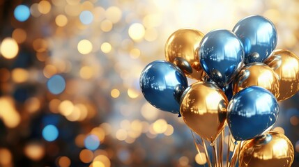 Bright shiny golden and blue balloons with mirror glow enhance a festive background fit for weddings birthdays and classy events