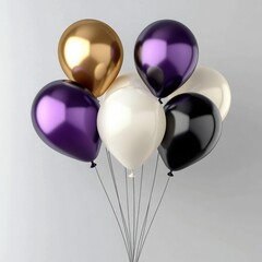 Floating metallic balloons with luxurious sheen in white gold black and violet arranged for elegant joyful festive settings