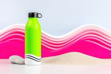 Lime Green Water Bottle on Pink Wave Background with Sand